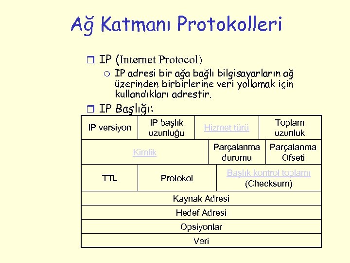 Ağ Katmanı Protokolleri r IP (Internet Protocol) m IP adresi bir ağa bağlı bilgisayarların