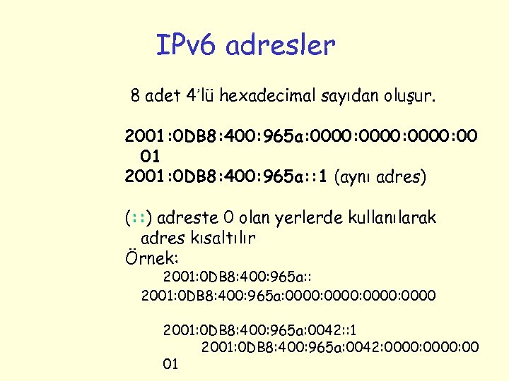 IPv 6 adresler 8 adet 4’lü hexadecimal sayıdan oluşur. 2001: 0 DB 8: 400: