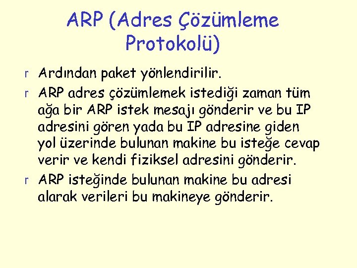 ARP (Adres Çözümleme Protokolü) r Ardından paket yönlendirilir. r ARP adres çözümlemek istediği zaman