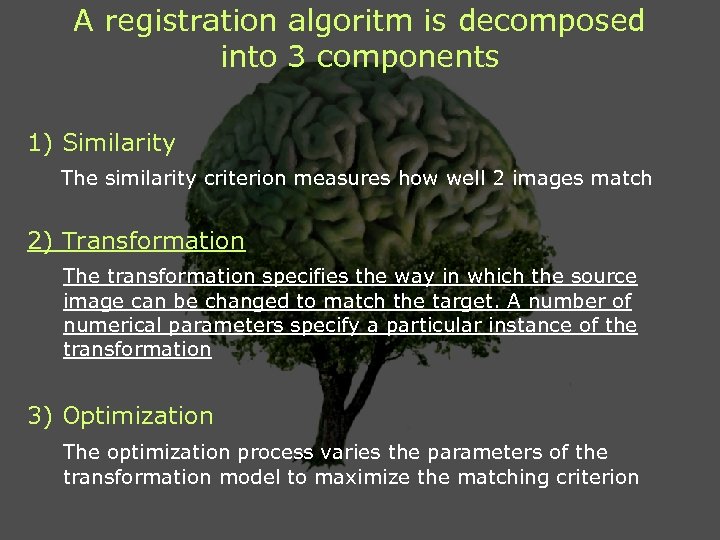 A registration algoritm is decomposed into 3 components 1) Similarity The similarity criterion measures