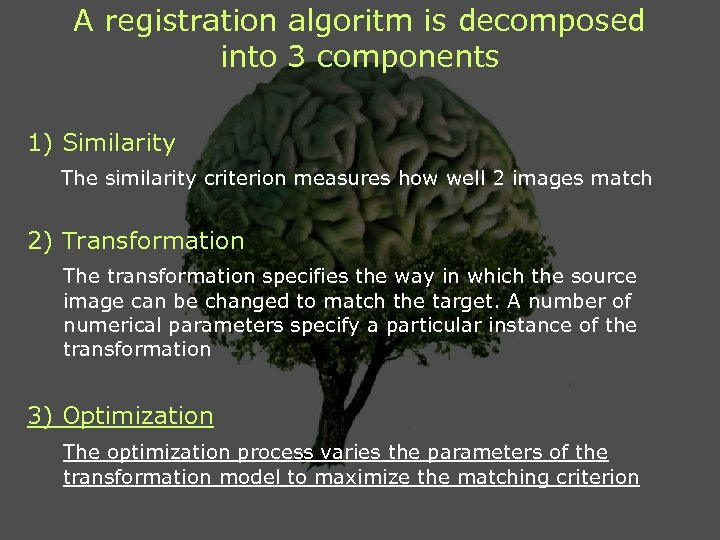 A registration algoritm is decomposed into 3 components 1) Similarity The similarity criterion measures