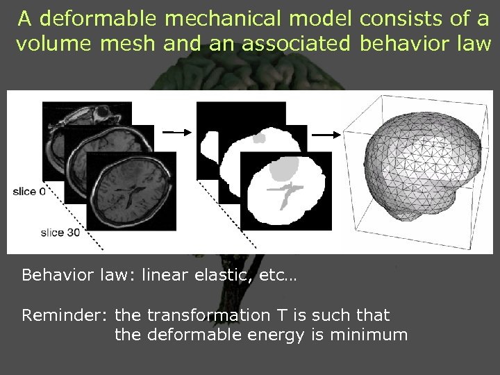A deformable mechanical model consists of a volume mesh and an associated behavior law