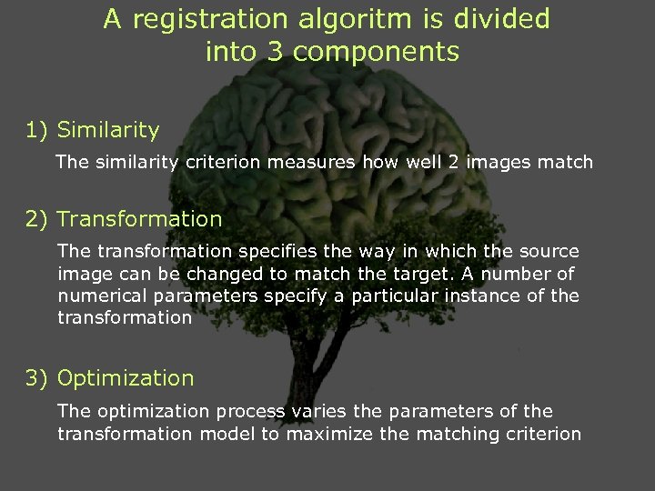 A registration algoritm is divided into 3 components 1) Similarity The similarity criterion measures