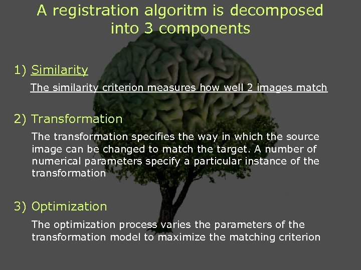 A registration algoritm is decomposed into 3 components 1) Similarity The similarity criterion measures