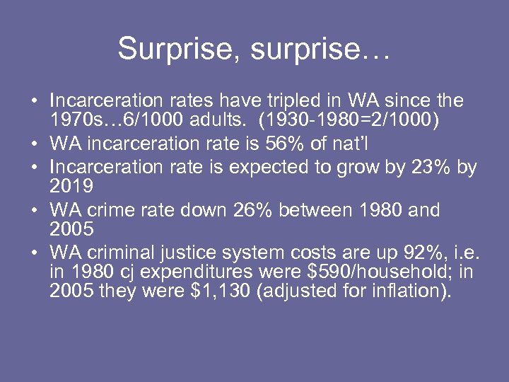 Surprise, surprise… • Incarceration rates have tripled in WA since the 1970 s… 6/1000