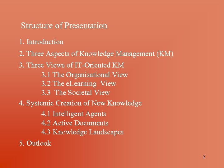 Structure of Presentation 1. Introduction 2. Three Aspects of Knowledge Management (KM) 3. Three