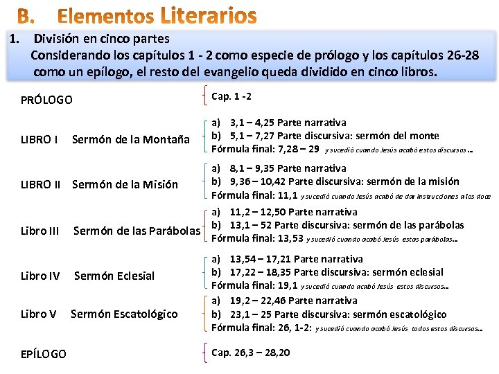 1. División en cinco partes Considerando los capítulos 1 - 2 como especie de