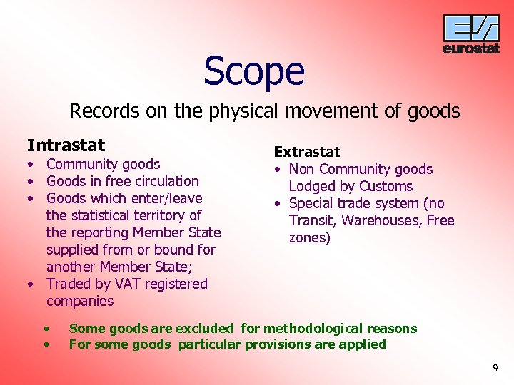 Scope Records on the physical movement of goods Intrastat • Community goods • Goods
