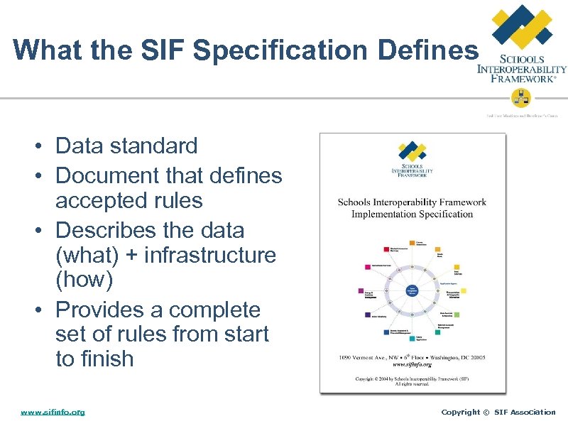 What the SIF Specification Defines • Data standard • Document that defines accepted rules