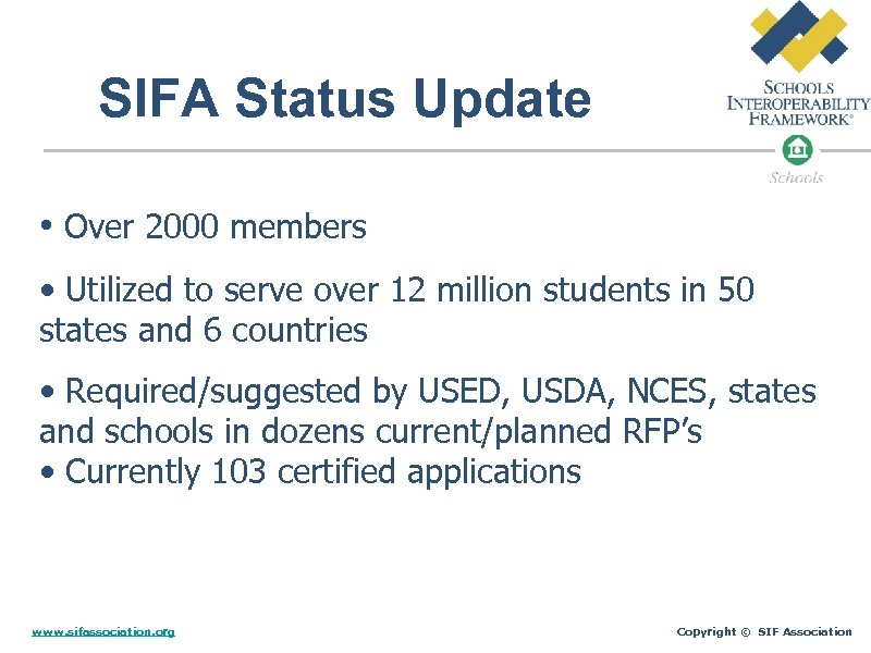 SIFA Status Update • Over 2000 members • Utilized to serve over 12 million