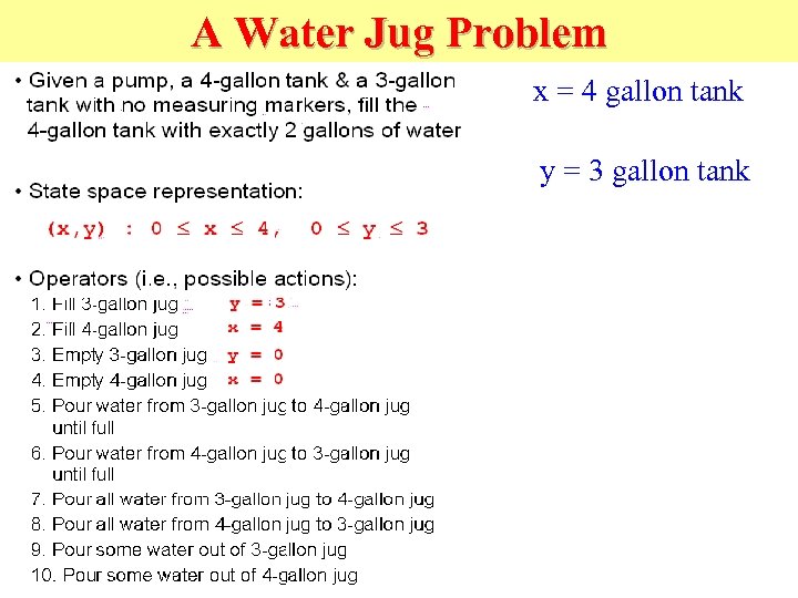 A Water Jug Problem x = 4 gallon tank y = 3 gallon tank