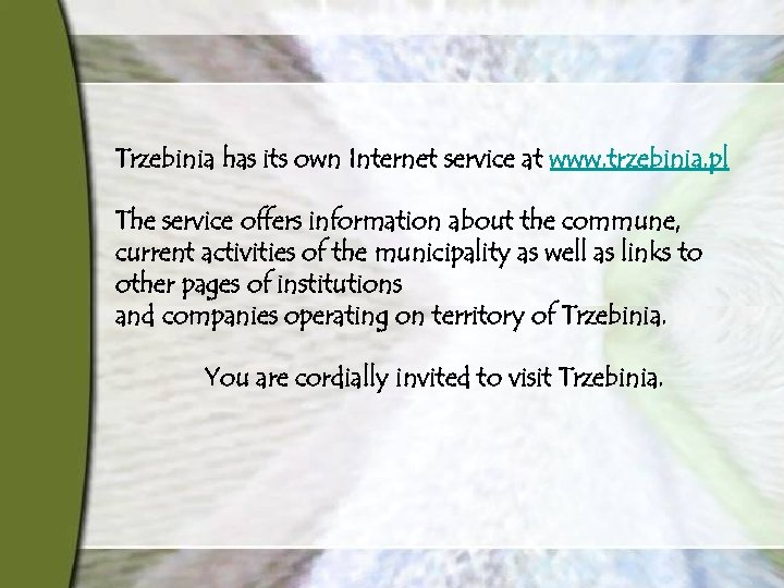 Trzebinia has its own Internet service at www. trzebinia. pl The service offers information