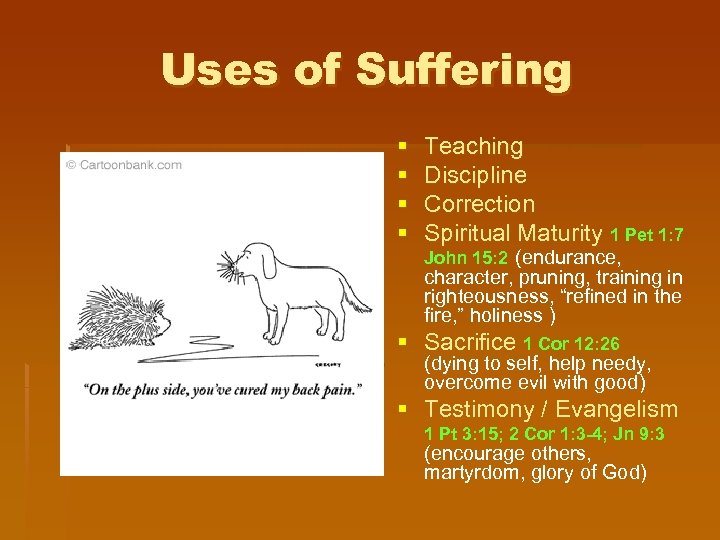 Uses of Suffering § § Teaching Discipline Correction Spiritual Maturity 1 Pet 1: 7