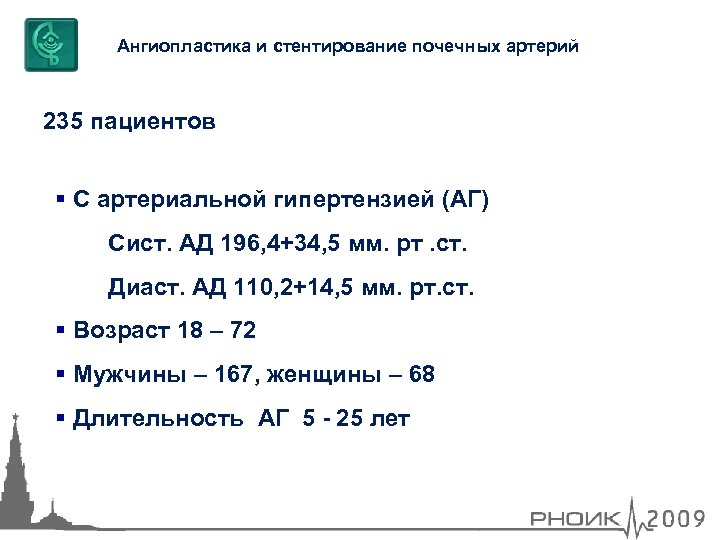 Ангиопластика и стентирование почечных артерий 235 пациентов C артериальной гипертензией (АГ) Сист. АД 196,