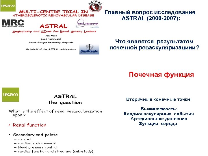 Главный вопрос исследования ASTRAL (2000 -2007): Что является результатом почечной реваскуляризациии? Почечная функция Вторичные