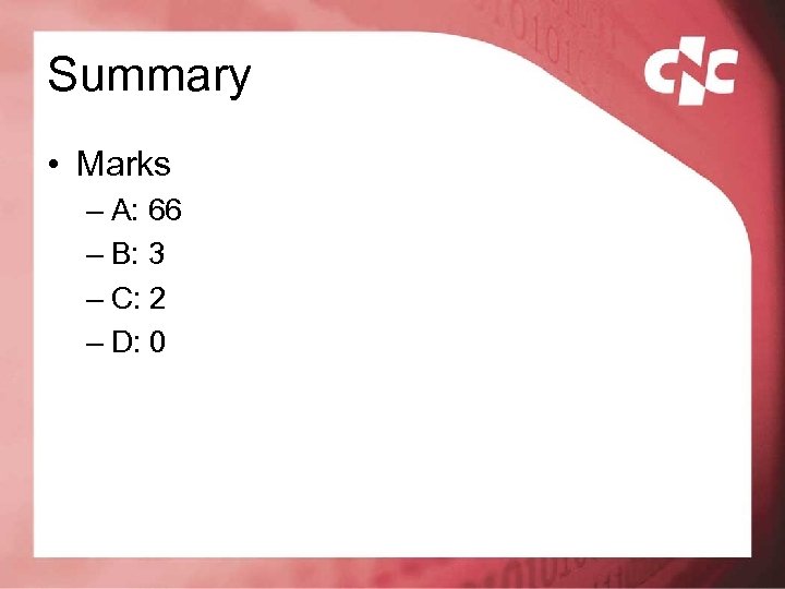 Summary • Marks – A: 66 – B: 3 – C: 2 – D: