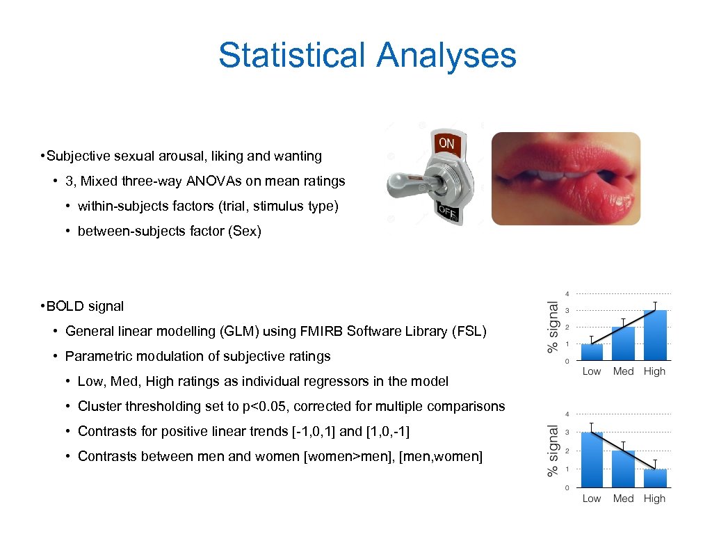 Statistical Analyses • Subjective sexual arousal, liking and wanting • 3, Mixed three-way ANOVAs
