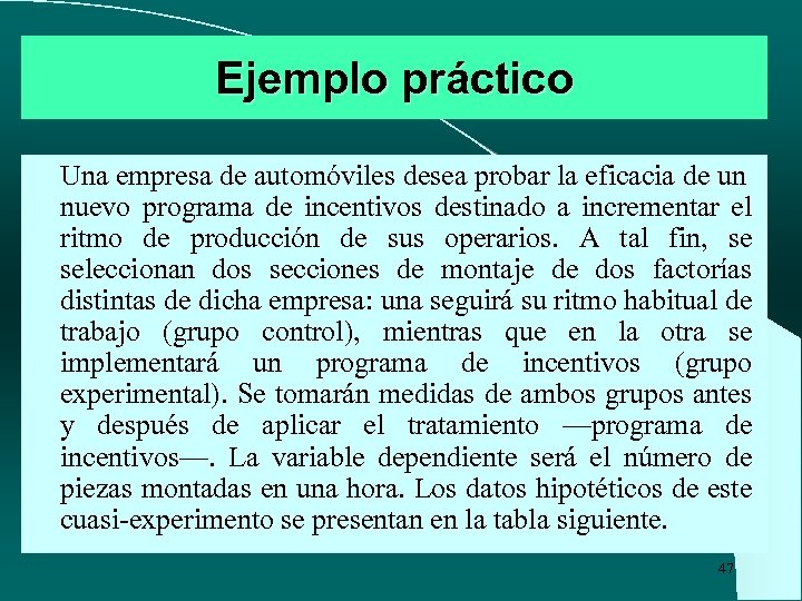 Ejemplo práctico Una empresa de automóviles desea probar la eficacia de un nuevo programa