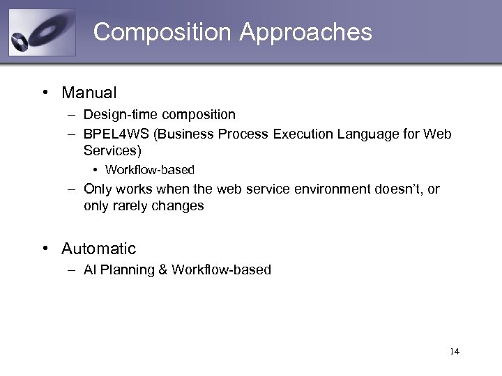 Composition Approaches • Manual – Design-time composition – BPEL 4 WS (Business Process Execution