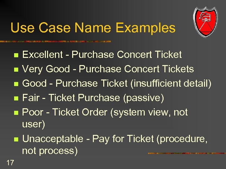 Use Case Name Examples n n n 17 Excellent - Purchase Concert Ticket Very