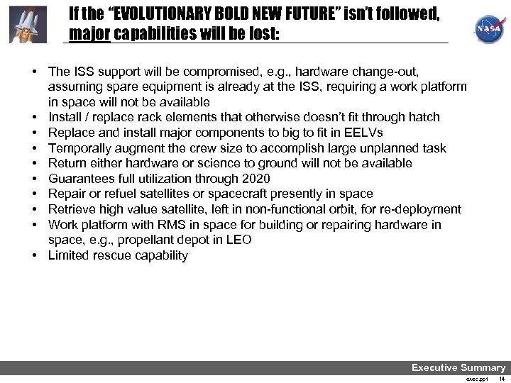 If the “EVOLUTIONARY BOLD NEW FUTURE” isn’t followed, major capabilities will be lost: •