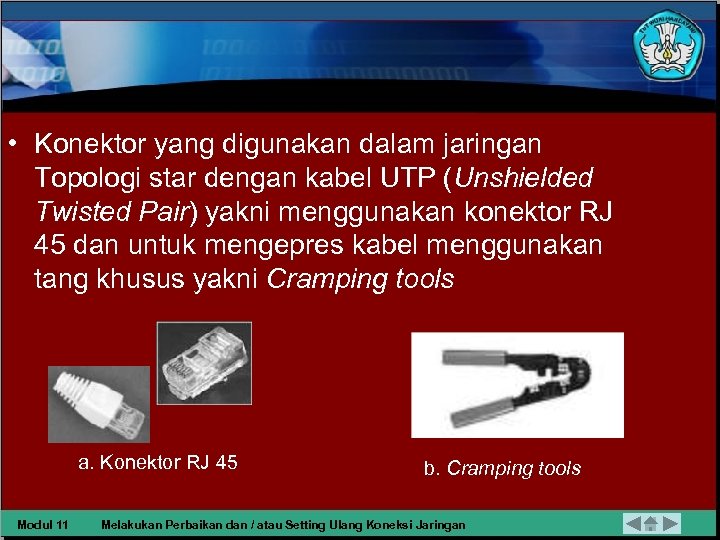  • Konektor yang digunakan dalam jaringan Topologi star dengan kabel UTP (Unshielded Twisted