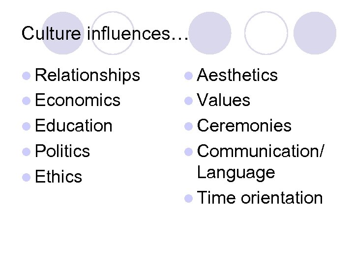 Culture influences… l Relationships l Aesthetics l Economics l Values l Education l Ceremonies