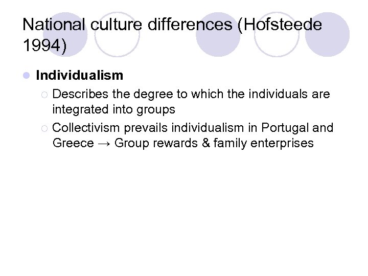 National culture differences (Hofsteede 1994) l Individualism Describes the degree to which the individuals
