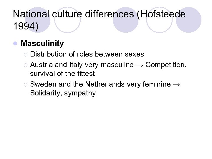National culture differences (Hofsteede 1994) l Masculinity Distribution of roles between sexes ¡ Austria