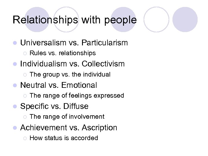 Relationships with people l Universalism vs. Particularism ¡ l Individualism vs. Collectivism ¡ l