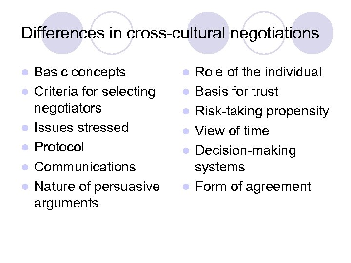 Differences in cross-cultural negotiations l l l Basic concepts Criteria for selecting negotiators Issues