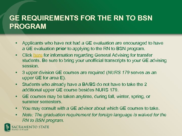 GE REQUIREMENTS FOR THE RN TO BSN PROGRAM • • Applicants who have not