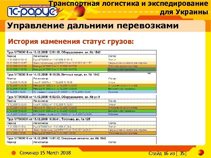 Транспортная логистика и экспедирование для Украины Управление дальними перевозками История изменения статус грузов: Семинар