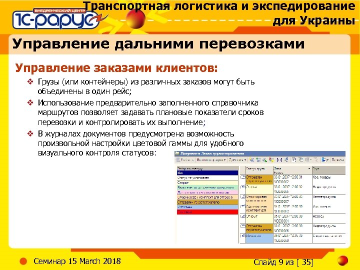 Транспортная логистика и экспедирование для Украины Управление дальними перевозками Управление заказами клиентов: v Грузы