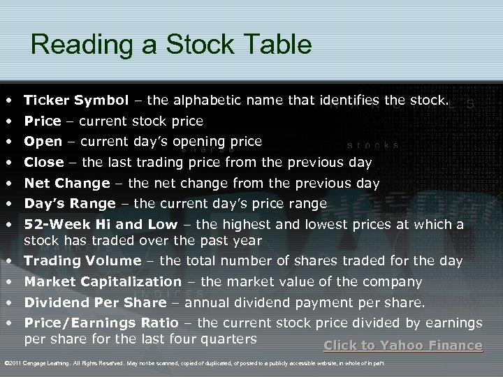 Reading a Stock Table • Ticker Symbol – the alphabetic name that identifies the