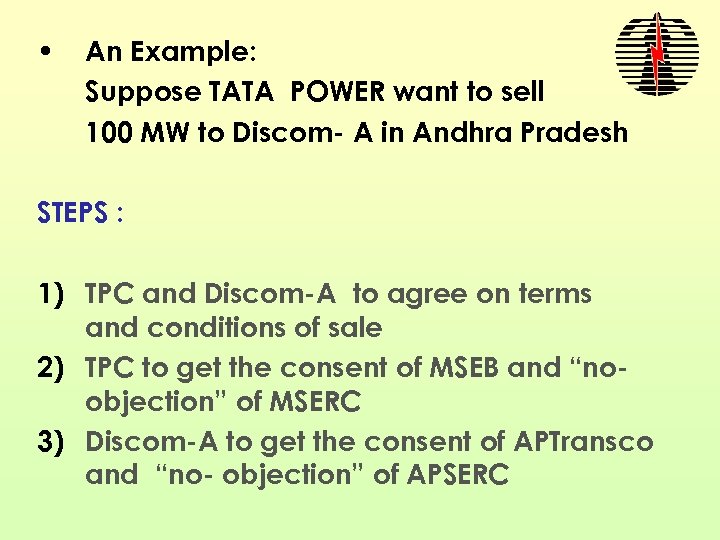  • An Example: Suppose TATA POWER want to sell 100 MW to Discom-