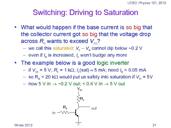 UCSD: Physics 121; 2012 Switching: Driving to Saturation • What would happen if the