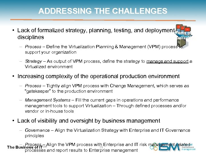 ADDRESSING THE CHALLENGES • Lack of formalized strategy, planning, testing, and deployment Effects of