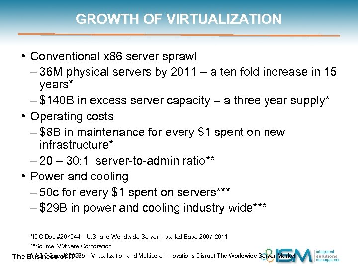 GROWTH OF VIRTUALIZATION • Conventional x 86 server sprawl – 36 M physical servers