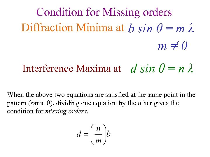 Condition for Missing orders Diffraction Minima at b sin θ = m λ m=0