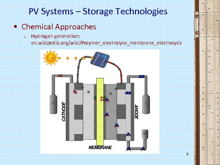 PV Systems – Storage Technologies • Chemical Approaches o Hydrogen generation: en. wikipedia. org/wiki/Polymer_electrolyte_membrane_electrolysis