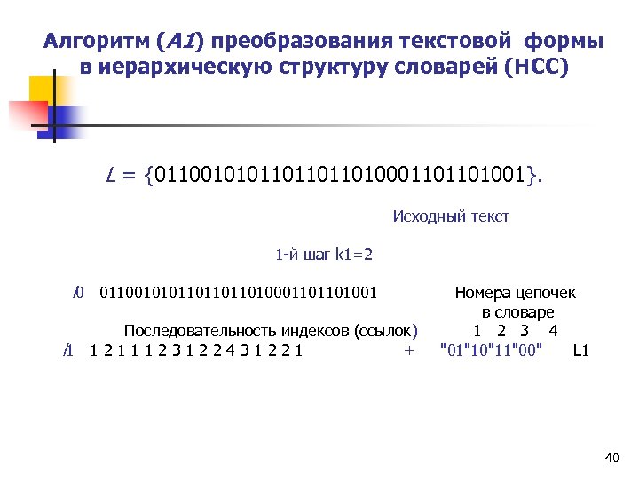 Алгоритм (А 1) преобразования текстовой формы в иерархическую структуру словарей (НСС) L = {01100101011010001101101001}.