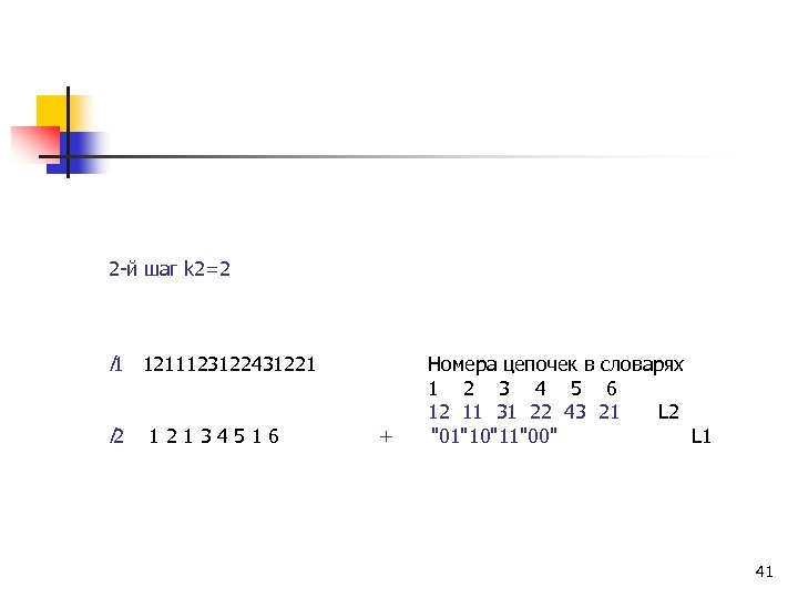 2 -й шаг k 2=2 l 1 1211123122431221 l 2 12134516 + Номера цепочек