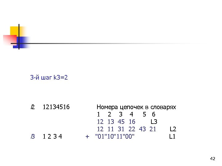 3 -й шаг k 3=2 l 2 12134516 l 3 1234 Номера цепочек в