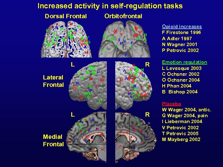 Increased activity in self-regulation tasks Dorsal Frontal Orbitofrontal Opioid increases F Firestone 1996 A