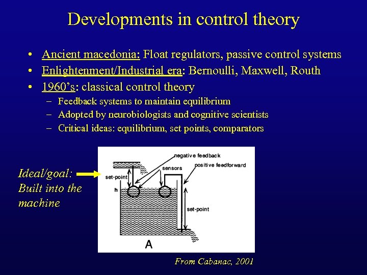 Developments in control theory • Ancient macedonia: Float regulators, passive control systems • Enlightenment/Industrial