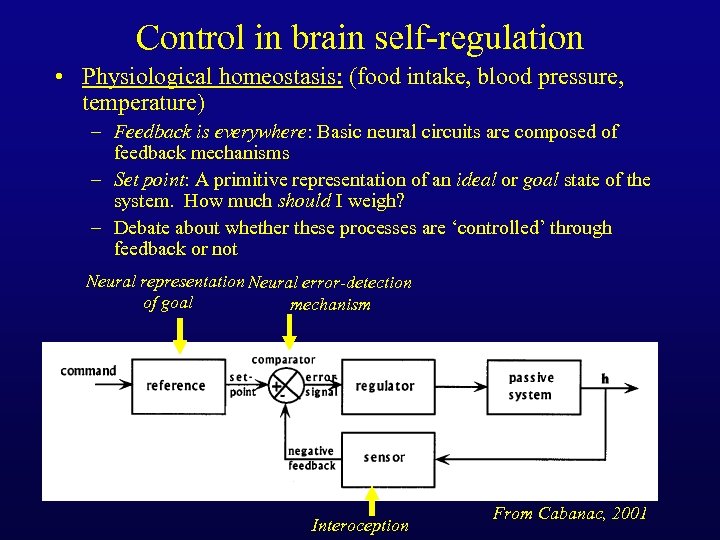Control in brain self-regulation • Physiological homeostasis: (food intake, blood pressure, temperature) – Feedback