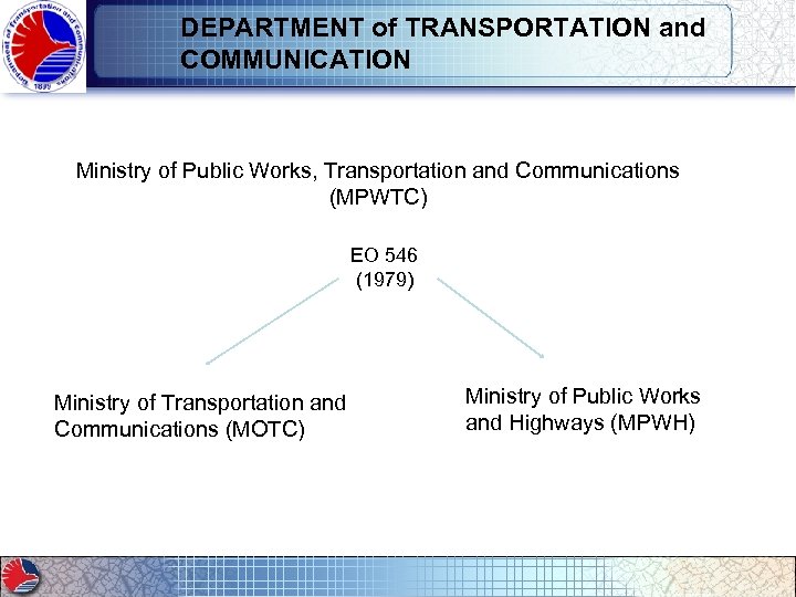 DEPARTMENT of TRANSPORTATION and COMMUNICATION Ministry of Public Works, Transportation and Communications (MPWTC) EO
