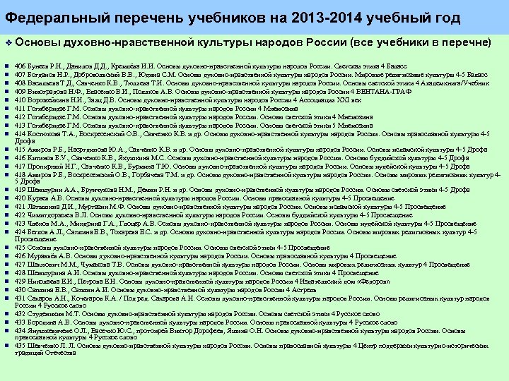 Федеральный перечень учебников на 2013 2014 учебный год v Основы духовно нравственной культуры народов