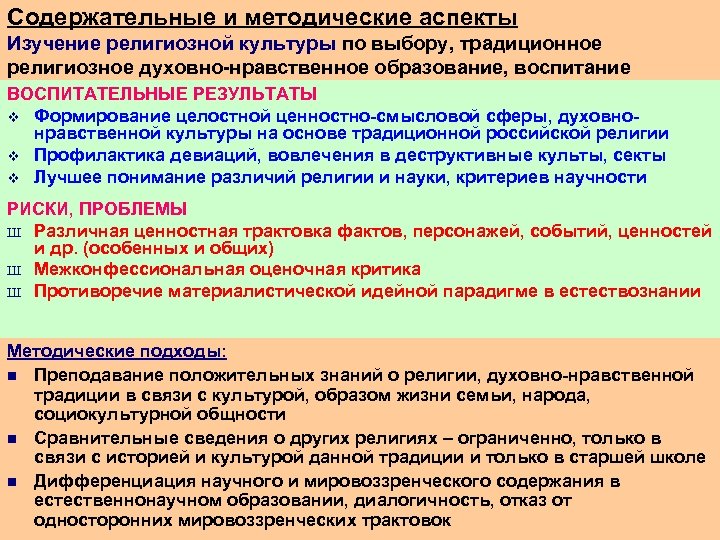 Содержательные и методические аспекты Изучение религиозной культуры по выбору, традиционное религиозное духовно нравственное образование,